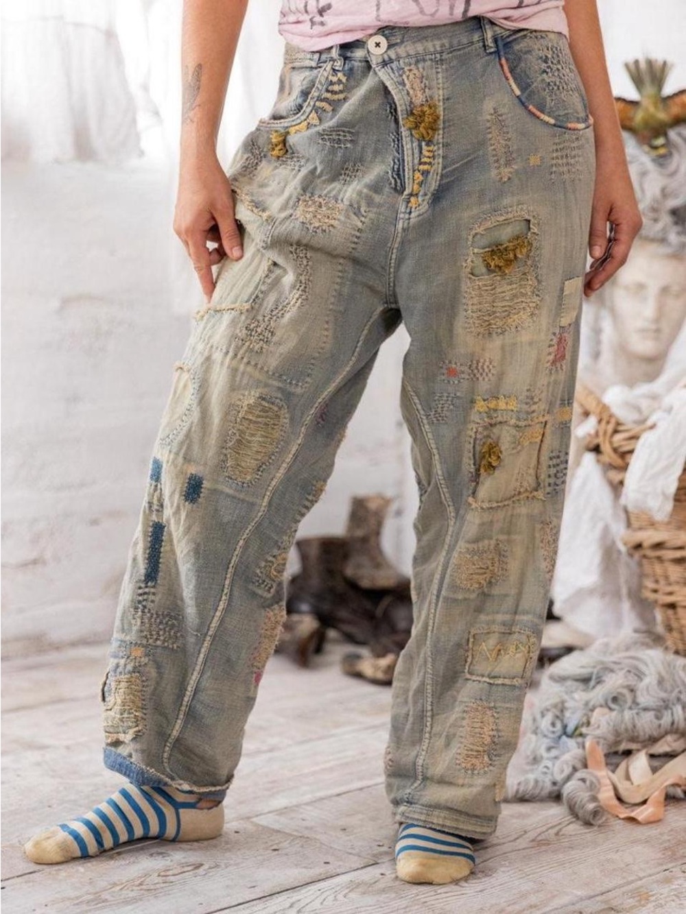 Magnolia Pearl Eva Denims Distressed Patchwork Jeans